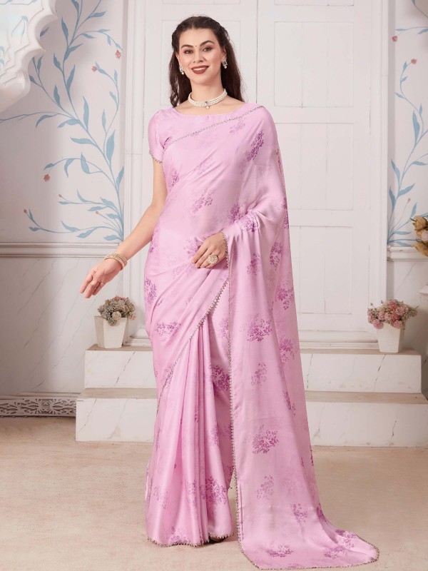 Light Pink Pure Satin Georgette Digital Print Saree